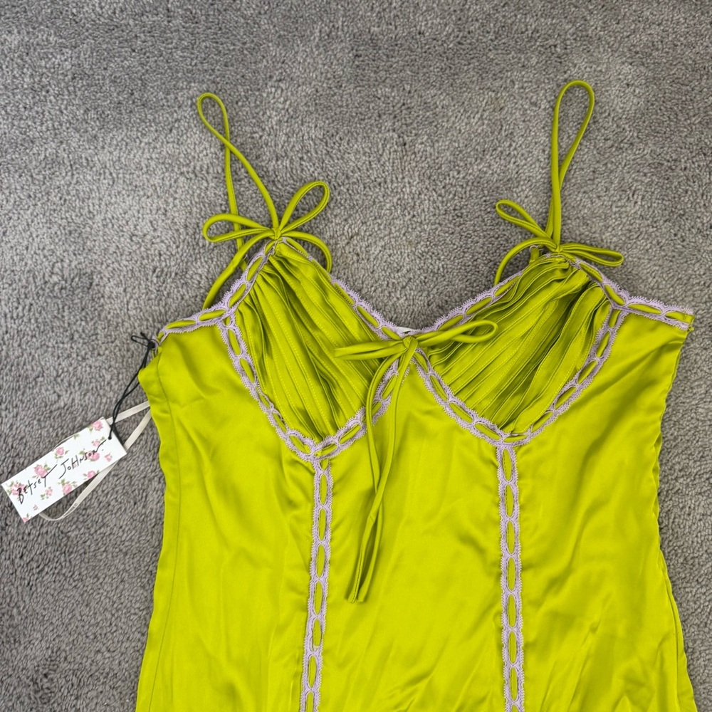 NWT Betsey Johnson satin saten elbise green pink lace maxi dress - Picture 7 of 7